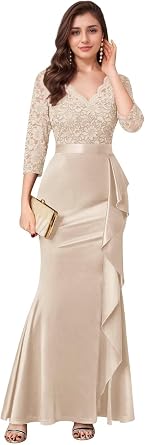 V-Neck Prom Dresses for Women Mermaid Long Sleeves Ruffle Lace Satin Formal Gown Evening Party Dresses with Slit