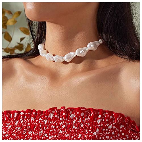Dervivea Gargantilla de perlas barrocas vintage Collar de cadena de perlas grandes Collar de perlas cortas Cadena Boho Collar de perlas irregulares Joyas para mujeres y niñas Cover