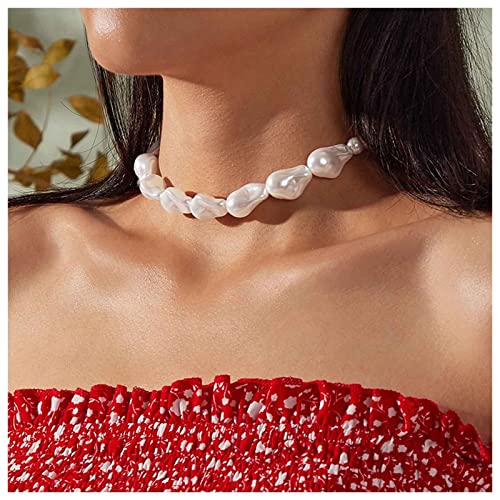 Dervivea Collana girocollo di perle vintage barocche Collana a catena grande di perle Collana di perle corte Catena Boho Collana di perle irregolari Gioielli per donne e ragazze 5: