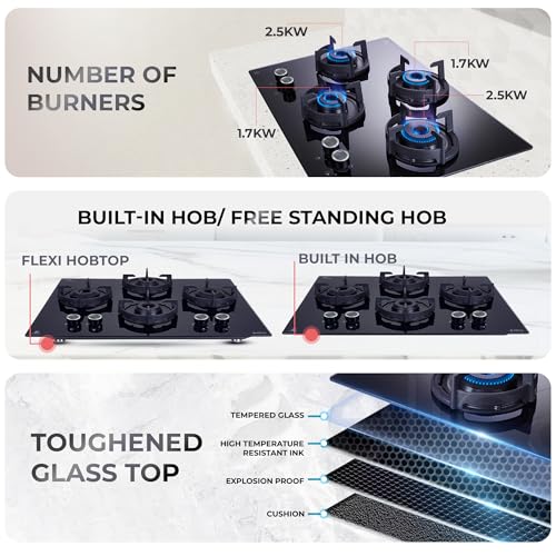 Elica 60cm 4 Burner Auto Ignition Hob | FLEXI 460 LOTUS IND HD BRASS | SABAF Burners | Cast Iron Pan Support with Heat Guard | 8mm Toughened Glass... - Image 5