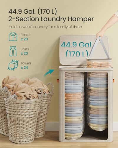 SONGMICS Laundry Basket, 44.9 Gal. Laundry Hamper, 2 Compartments, Easy Assembly, with Lid and Handles, Removable Liners, 22 x 15.7 x 29.5 Inches, Cappuccino Beige ULCB813L01
