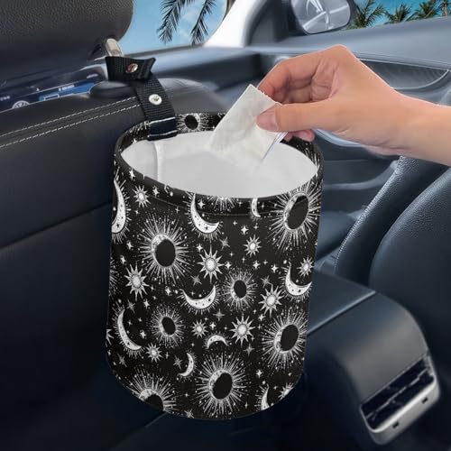 Image of Moon and Star Car Garbage Can Small Trash Can with Leak Proof Inside Liner and Hanging Strap Cars Organizer Portable Cars Essentials