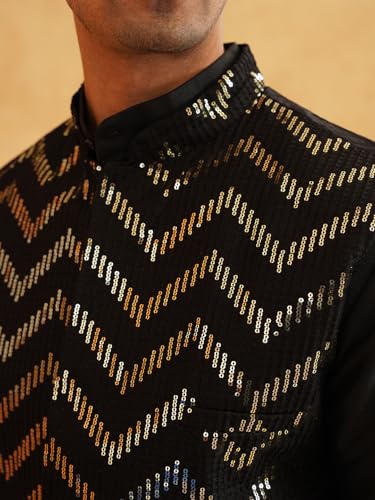 Image of SOJANYA (Since 1958 Men's Silk Blend Black Kurta Pyjama With Black Zigzag Nehru Jacket