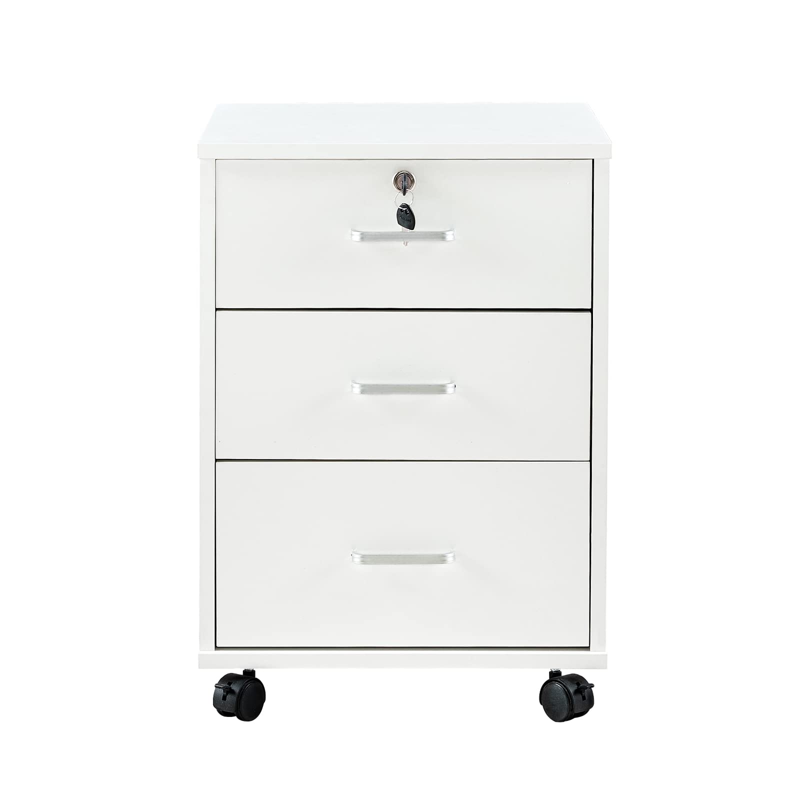 OFCASA Archivador móvil de 3 cajones con cerradura para oficina con ruedas, gabinete de almacenamiento de madera blanca para oficina en casa, 40 x 40 x 55 cm