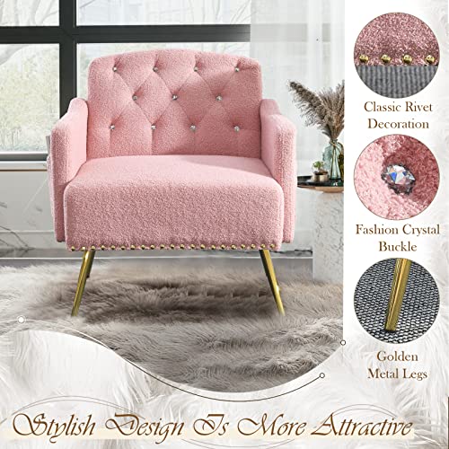 Upholstered Accent Chair, Modern Armchair Single Sofa Arm Chair With Golden Rivet And Metal Legs, Tufted Lounge Reading Chair With 2 Pockets For Living Room, Bedroom, Office, Teddy Pink #TOP3