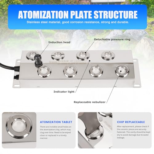 MOGOULUA Nebelmacher 8 Kopf Ultraschall Nebelgerät 6L/H mit 350W Wasserdichtem Netzteil Schweres Nebelgerät Innenhof Nebel Luftbefeuchter Teich Nebelgerät für Gartenbau Gewächshauslandschaft