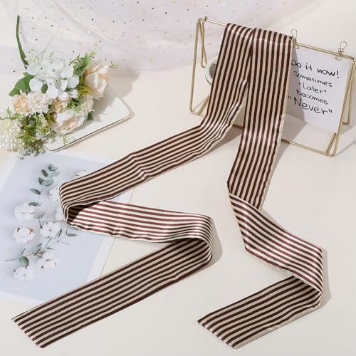 Brown White Striped Skinny Scarf Belt Fashion Satin Silk Purse Bag Neck Scarfs Silky Long Thin Ribbon Band Hair Head Scarves Waist Belts Necktie for Women Gifts Handbags Costume Accessories3