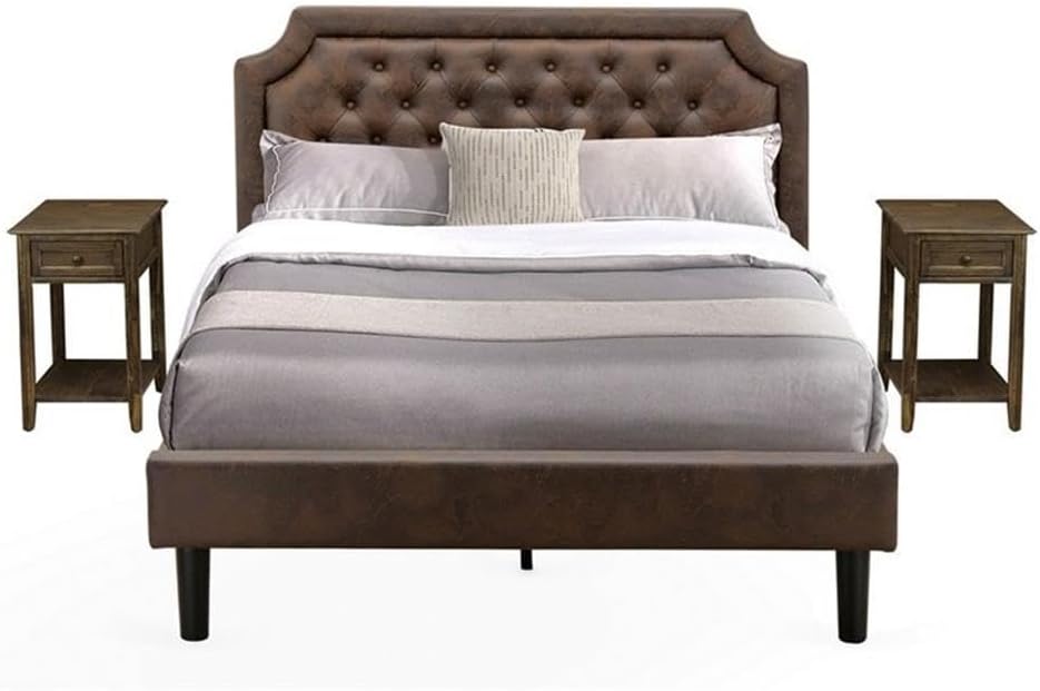 East West Furniture GB25Q-2DE07 3-Piece Granbury Bed Set with Button Tufted Wood Bed Frame and 2 Distressed Jacobean Night Stands - Dark Brown Faux Leather with Black Texture and Black Legs
