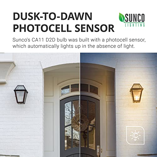 Sunco 10 Pack Dusk To Dawn Candelabra Light Bulbs Outdoor Ca11 Led, 5W=40W, 2700K Soft White, Candle Flame Tip, Photocell Sensor, Decorative Edison Vintage Filament, 500 Lm, E12 Base – Ul #TOP1