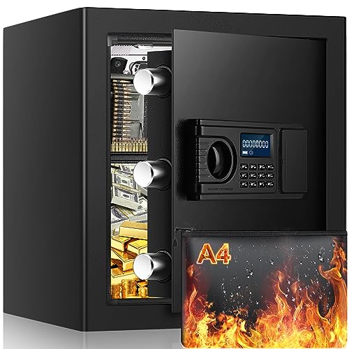 1.7 Cuft Fireproof Home Safe Box, LCD Fireproof Waterproof Safe Box With Combination Lock, Digital Keypad, Anti-Theft Alarm Security Fire Safe For Money Ammo Cash Valuables