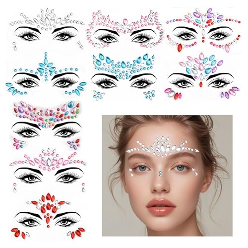ONGNIUU 9 Fogli Brillantini Viso, Strass Adesivi, Diamanti per il Viso per il Trucco Degli Occhi Delle Feste, Adatto per Festival Musicali, Balli, Feste e Carnevali