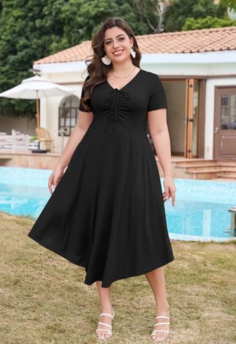Image of Keluummi Plus Size Maxi Dress for Women V-Neck Short Sleeve with Pockets
