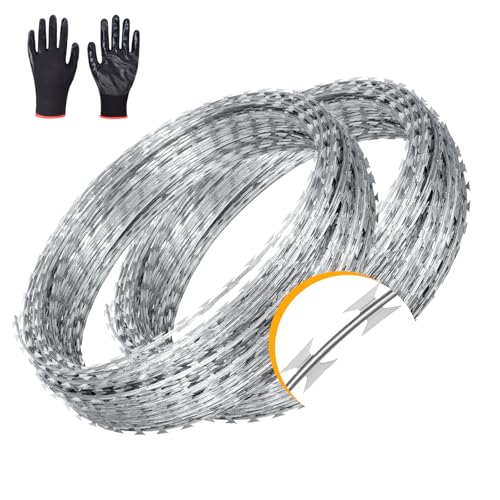 328ft Barbed Razor Wire 2 Rolls, Double Spiral Hot-Dip Galvanized Barb Wire Roll for Crafts Fences, Fence Wire for Critter Deterrent
