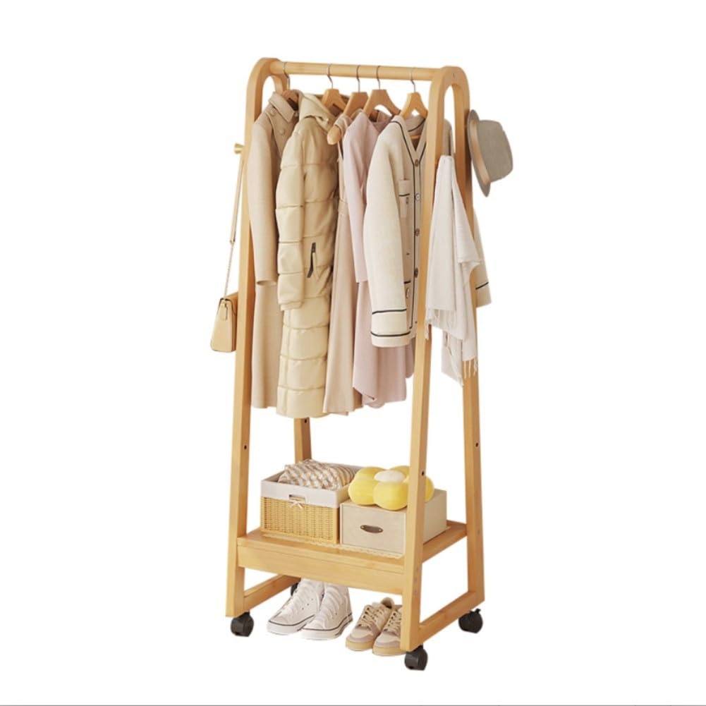 DODOBD Wooden Clothes Rail with Wheels,Rolling Bamboo Clothes Rail with Shelves,Coat Rack Stand,Heavy Duty Clothes Rail,For Living Room Hallway Office Bedroom,50/70cm,Easy Assembly
