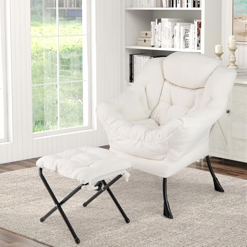 COSTWAY Fauteuil Salon Scandinave avec Repose-Pieds en Sherpa, Oreiller et Poche Latérale, pour Lecture, Cadre en Métal pour Charger 150 KG (Beige)