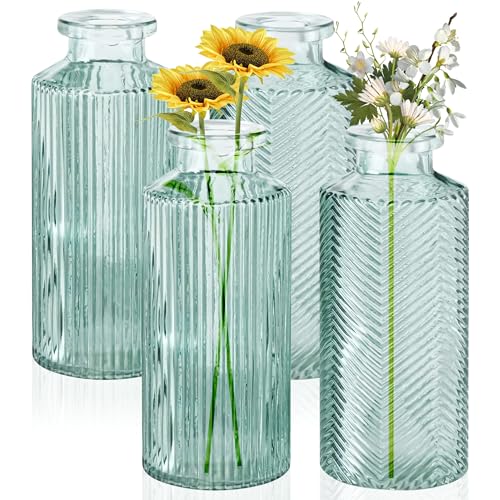 Juego de 4 jarrones decorativos de cristal en forma de botella con el color verde salvia