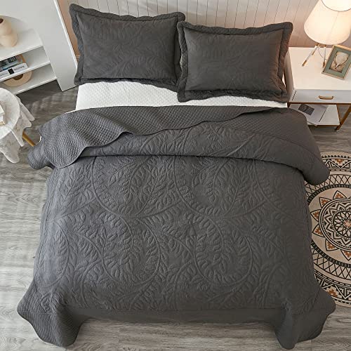 MarCielo 3-Piece 100% Cotton Oversized Bedspread Lightweight Quilt Coverlet Embroidery Farmhouse Bedding Set T0 (Dark Grey, Oversized Queen (100"x106"))