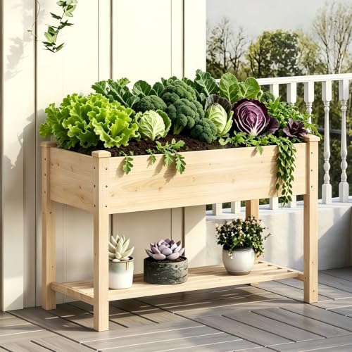 48x24x30.7in Wood Raised Garden Bed with Legs Wooden Planter Box with Storage Shelf Elevated Wood Planter Box for Vegetables Flowers Herbs Garden Planter for Backyard Patio Balcony (Natural, Medium)