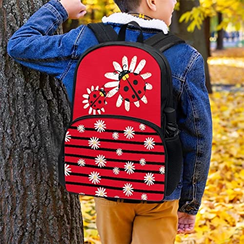 Modysero Red Stripes Ladybug Daisy Print Custom Student Backpack Lightweight Large Capacity School Bag with Two Side Pocket Travel Picnic Casual Backpack for Girls4