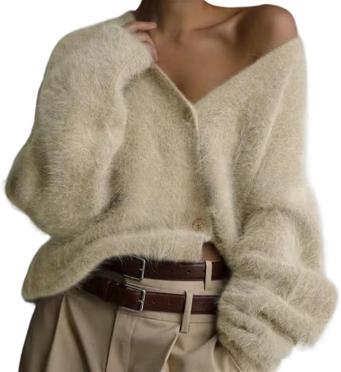 Image of Womens Fuzzy Sweaters Cardigan V-Neck Button Down Oversized Mohair Sweater Casual Y2k 2026 Fall Winter