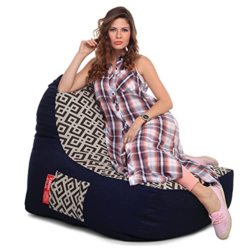 Image of Style Homez Urban Design Denim Canvas Geometric Printed Chair Bean Bag XXL Size Filled with Beans Fillers