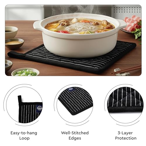 Image of Encasa XO 100% Cotton Apron Set for Women & Men with Adjustable Apron, Oven Gloves & Pot Holder (Pack of 3) Combo, Heat-Resistant, Soft & Durable for Cooking, Baking & Grilling (Butcher Stripes Black)