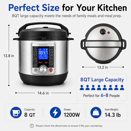 KINGBULL 14-in-1 Electric Pressure Cooker 8 Quart, Stainless Steel Multi Cooker with LCD Display and Knob Control, Slow Cooker, Rice Cooker, Steamer, Sauté, Yogurt Maker, Warmer, DIY Mode - Image 5