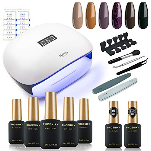 Gel Nail Polish Kit with 48W LED U V Nail Lamp 6 Colors Phoenixy Soak off Gel Polish Base Top Coat Basic Manicure Tools All In One Beginner Starter Kit Gift