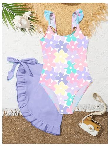 SHENHE Girl's One Piece Swimsuit Floral Print Bathing Suit Ruffle Trim Swimwear with Beach Skirts3