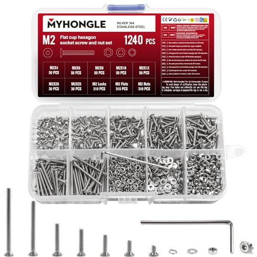 1240 Stück M2 Schrauben Set Senkkopfschrauben mit Innensechskantschrauben Sets Edelstahl Schrauben Set Flachkopfschrauben Muttern Sets Gewindeschrauben Unterlegscheiben Sortiment (M2)