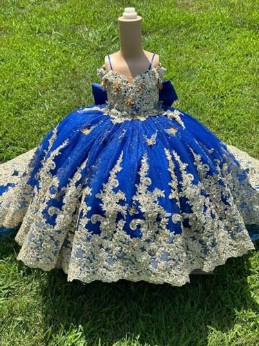 Gold Lace Flower Girl Dress Spaghetti Strap Ball Gown 3D Floral Butterfly Pageant Gowns with Bow-Knot HRY333