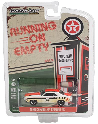 1969 Chevy Camaro RS #18 Blanco con Franjas (Versión Sucia) Serie Running on Empty 14 Modelo a Escala 1/64 de Metal Fundido por Greenlight 41140 B