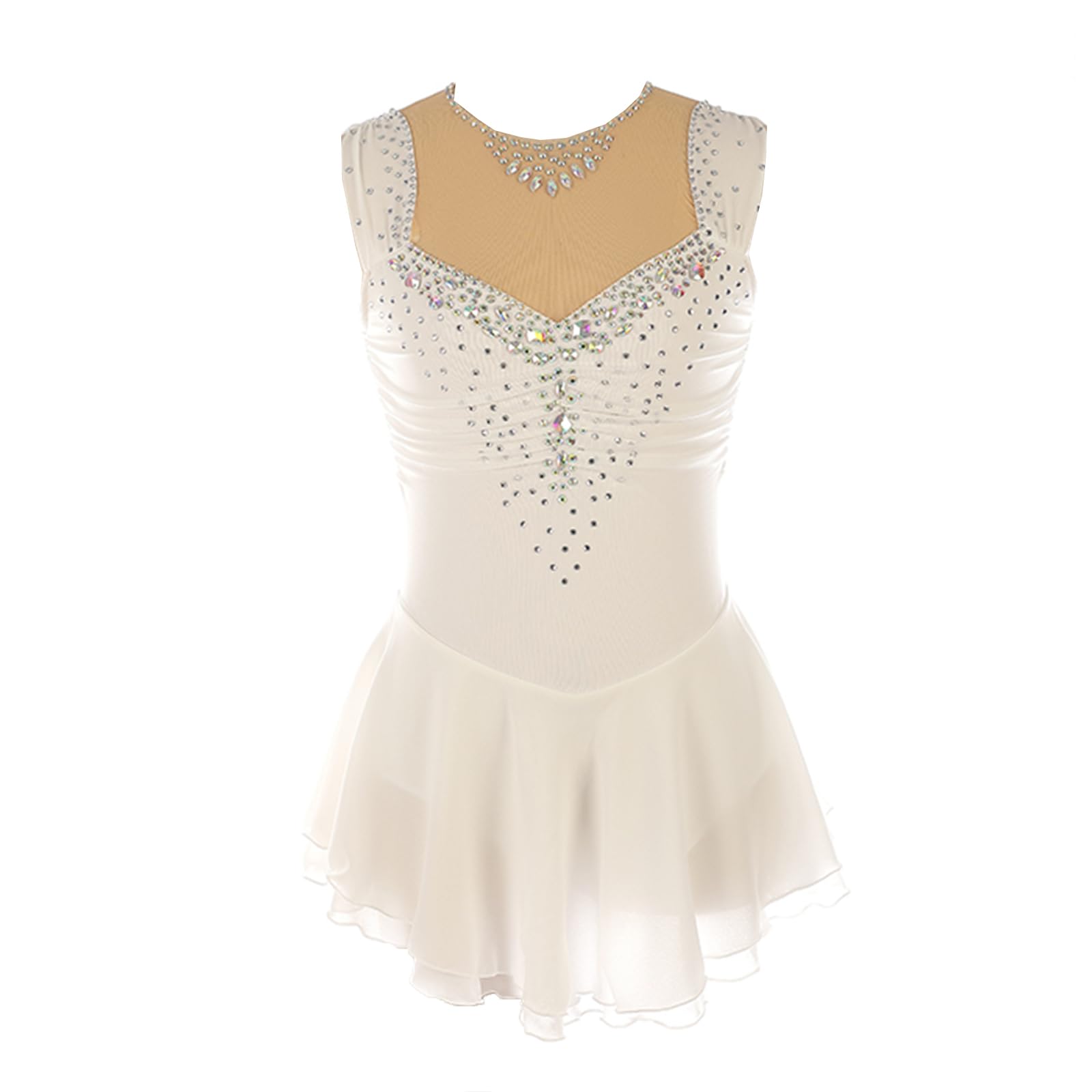 CHAGMEA Girls Figure Skating Dress Sleeveless Rhinestone Ballet Dance Stage Performance Competition Costume,White,L