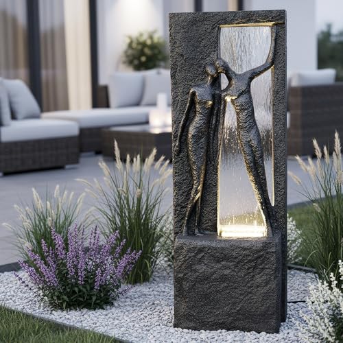 Springbrunnen Gartenbrunnen Zimmerbrunnen mit LED Beleuchtung 99,5cm mit Glasplatte Bronze-Steinoptik Gartenfigur Gartendeko