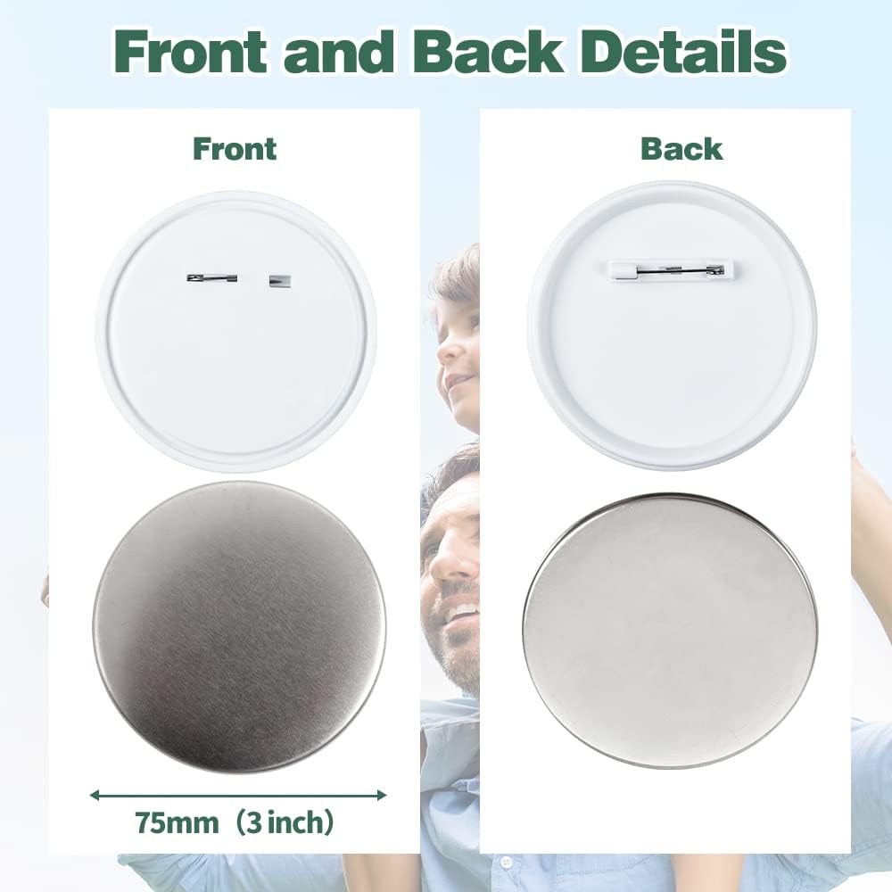100 Sets 75mm/3 inch Button Supplies Button Parts for Buttons Maker Machine 75mm, Round Badge Blank Buttons Pins, Includes Plastic Pin Back Cover, Metal Cover, Clear Film&Blank Paper