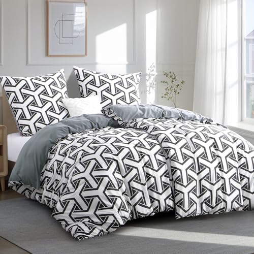 Aisbo Bettwäsche 135x200 4teilig Bettdeckenbezug - Bettwäsche Set 135 x 200 Geometrisch Grau Muster mit 2 Kissenbezügen 80x80 cm… – Ansicht 2