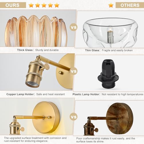 Image of Hardwired Wall Sconce Light, Vintage Wall Sconce with Switch, Gold Wall Light Fixture with Tulip Amber Glass Lampshade, Indoor Wall Light for Bedroom Bathroom, Bedside Wall Lamp