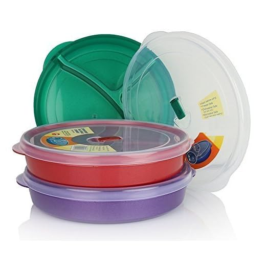 (Set of 3) Chef's 1st Choice Microwave Food Storage Tray Containers - 3 Section / Compartment Divided Plates w/ Vented Lid