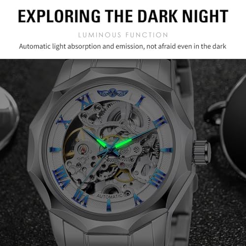Image of Tiong Men Mechanical Watches Automatic Self-Wind Sliver White Transparent Fashion Mesh Steel Wristwatch Skeleton Male Hot Hour