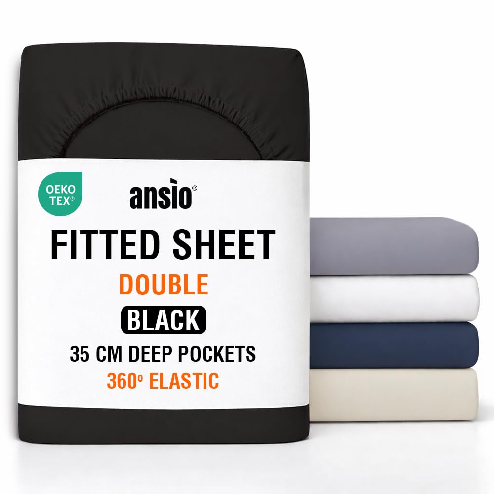 ANSIO® Double Fitted Sheet Soft Brushed Microfibre Fabric – Deep Pocket 35cm – All-Around Elastic – OEKO-TEX Certified – Easy Care & Naturally Smooth After Wash - Black