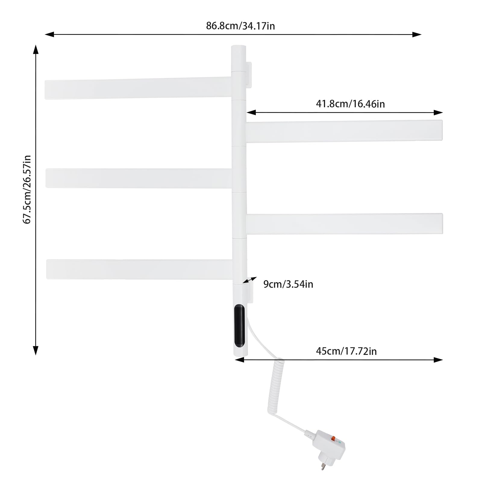 Scaldasalviette elettrico girevole a 180°, intelligente LED touch screen, portasciugamani rotante, per bagno, montaggio a parete, scaldasalviette (bianco)
