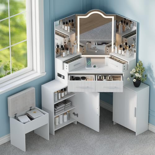 Image of FURSUN Fluted Makeup Vanity Desk with HD 3 Way Mirror and Lights, 51 inch Large Corner Vanity Table with Charging Station, Dressing Table with 4 Drawers & 2 Storage Cabinets for Bedroom, White