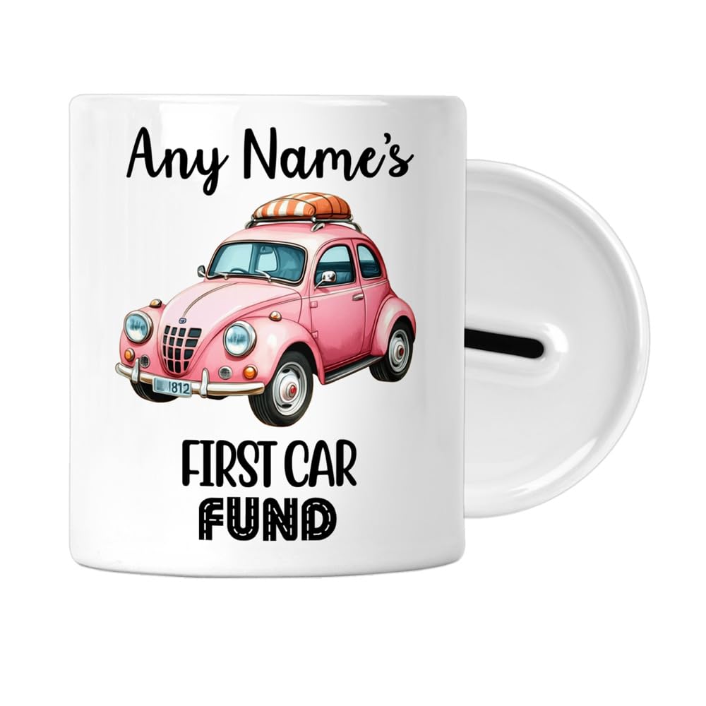 EnvyFone Personalised - First Car Fund - Money Saving Box - Piggy Bank - 17th 18th 21st Birthday Gift - Learner Driver Savings Jar - Keepsake Christmas - Ladies Teens Girls Gifts