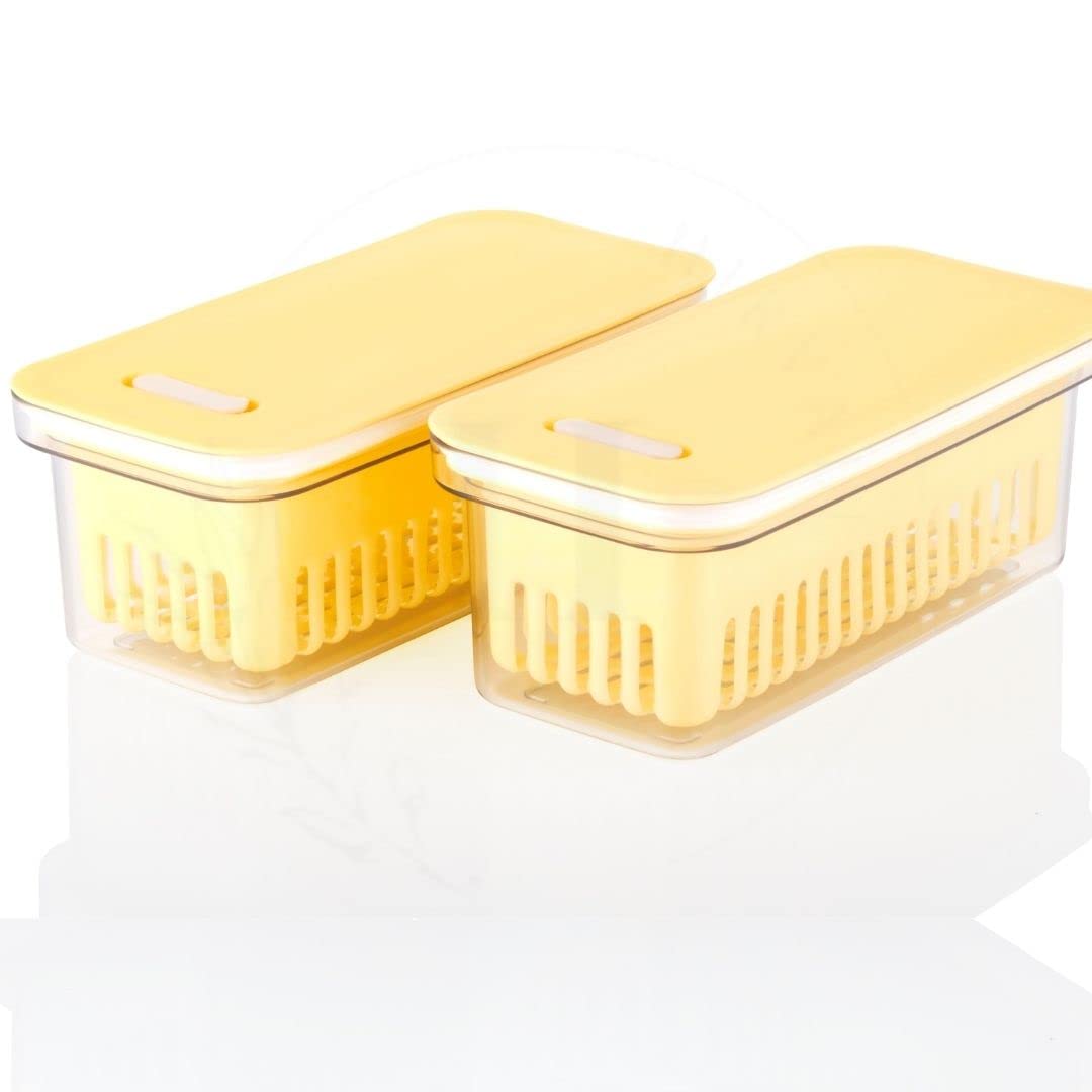 HIRVALLRefrigerator Fresh Boxes, Produce Saver Storage Containers, Fridge Organizer with Removable Draining Board and Air Hole, Keep Vegetables Fresh,Easy to Clean-1500ML. - Pack Of 2. (Yellow)