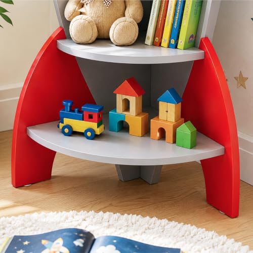 Image of Alex Daisy Rocket Kids Bookshelf | Rocket-Shaped 4-Tier Engineered Wood Book Rack & Multipurpose Storage Shelf | Kids Book Organizer for Bedroom, Playroom, Nursery & Preschool | Toy Display Rack