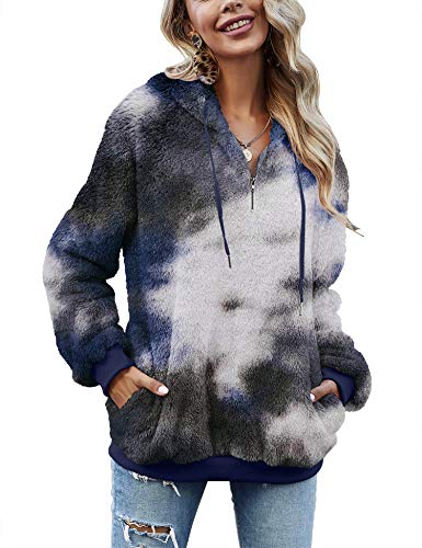 iWoo Women Jumpers Sweatshirt Hoodie Long Sleeve Zipper Pocket Fleece Hooded Loose Plus Size Pullover(Navy Blue Tie Dye,S) Cover