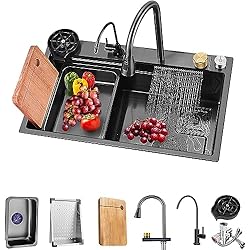 Fregadero 80 Fregadero negro, empotrable de 80 x 45 x 22 cm, fregadero de cocina con rebosadero y desagüe rápido, Fregadero Modernos Cocina Acero Inoxidable 304 Fregadero Sobre Encimera ou Empotrado negro 2 (80cm)