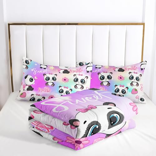 Image of AILONEN Cute Panda Comforter Set Twin Size, Cartoon Animal Panda Bedding Set for Kids Girls,Flower Strawberry Duvet Set 3Pcs for Bedroom Decor,1 Quilt and 2 Pillowcases,Soft
