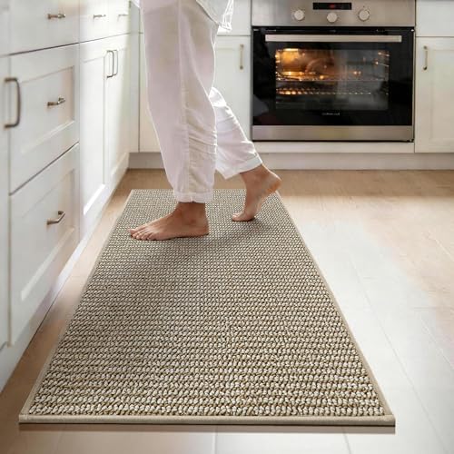 JSEI 17''x48'' Non-Slip Kitchen Runner Rug, Polypropylene Kitchen Mats, Machine Washable Absorbent and Stain Resistant Kitchen Rug, Carpet Mats with TPR Backing for Kitchen, Beige Beige 17''
