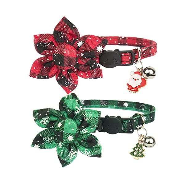 Adoggygo christmas cat collars with flower bell, 2 pack breakaway cat christmas collar with removable floral, red green plaid flower collars for cats (snowflake plaid)